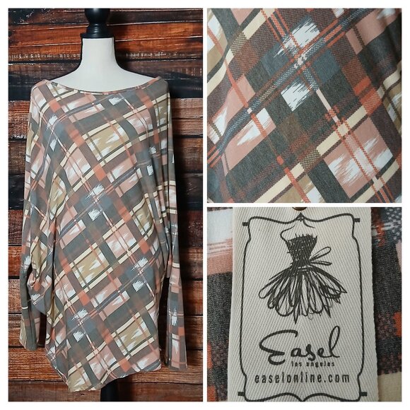 NWT Easel Tunic Top Size M Boho Oversized Dolman Windowpane Plaid Made In USA - Picture 1 of 10